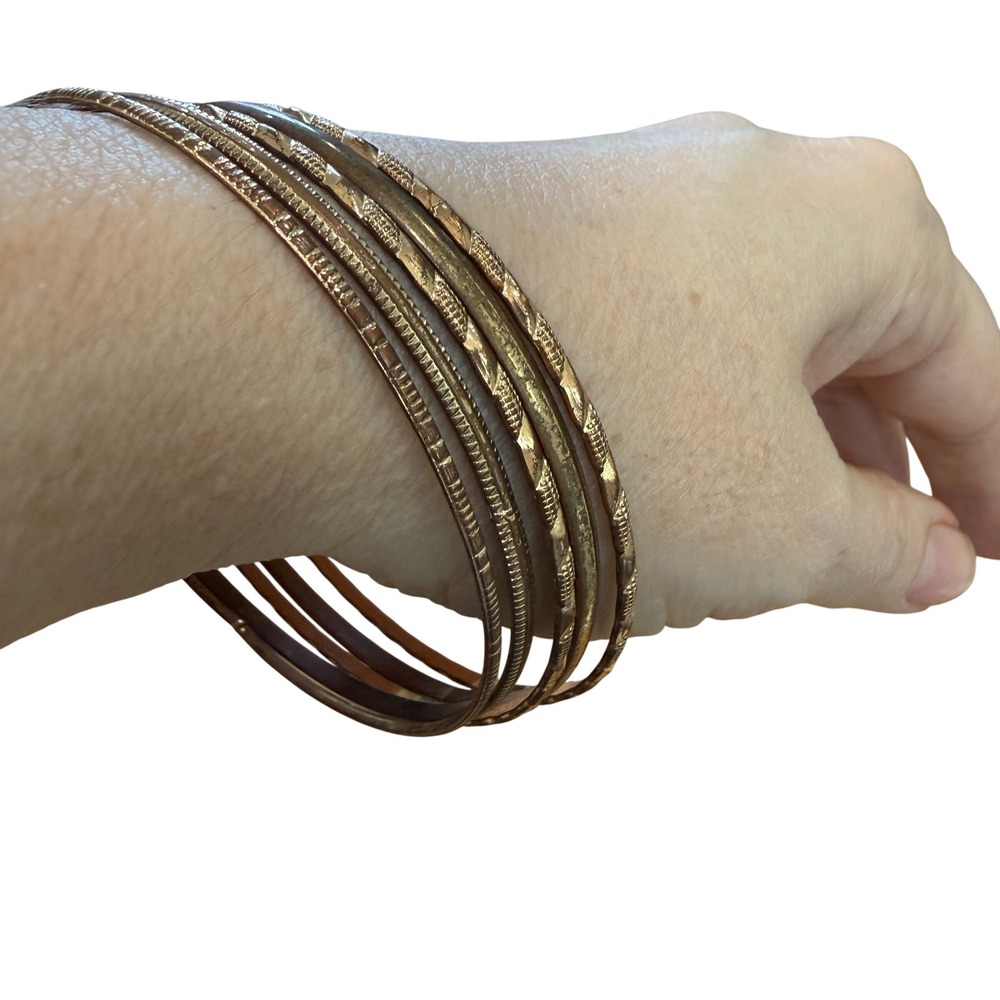 Vintage Mixed Metal Gold Tone Etched and Brown Resin Stackable Bangle Set 5pc